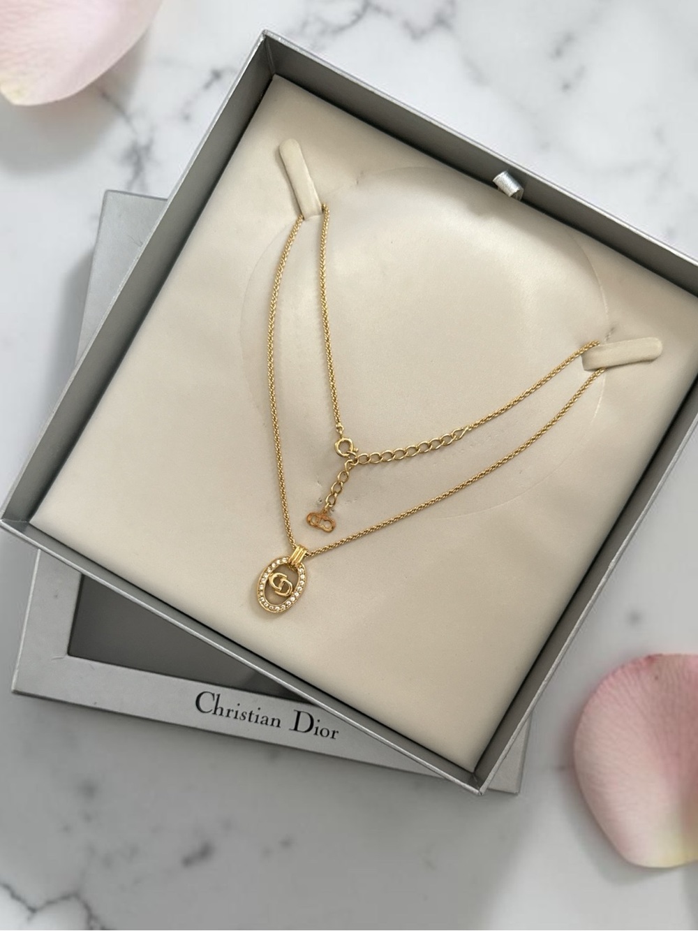 Vintage Christian Dior Rhinestone Logo Pendant Necklace Gold Tone CD Oval